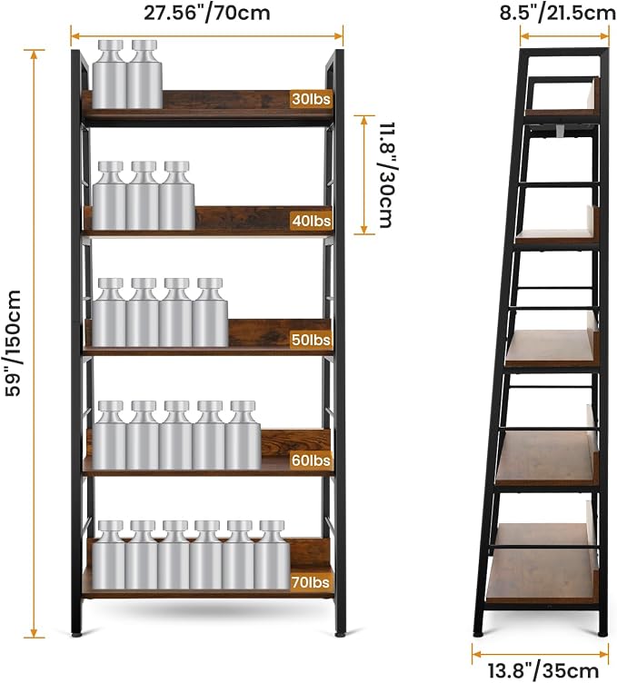 Himimi Ladder Bookshelf, 5 Shelf Bookcase Industrial Bookshelf Wood and Metal - Image 3