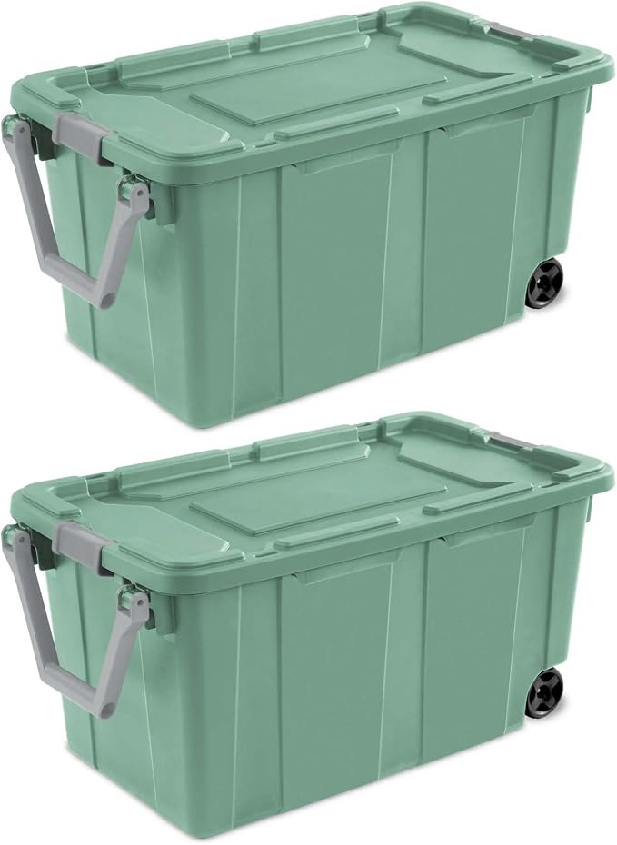 40 Gallon Wheeled Industrial Tote, Rugged Plastic Storage Bin, Latch Lid by Unknown