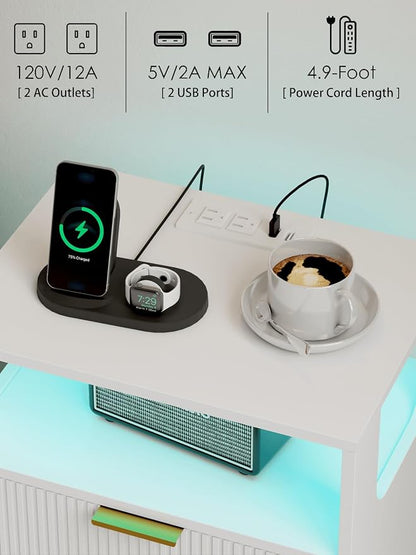 Nightstand with Charging Station and LED Lights, Modern Bedside Table with 2 - Image 6