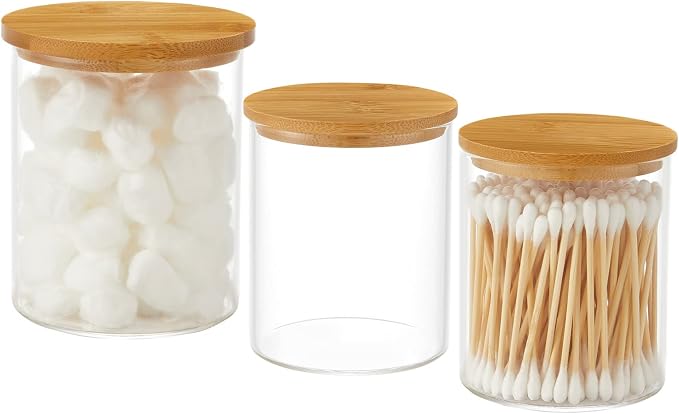 3 Pack Glass Qtip Holder Dispenser, 20 oz and 11 oz Clear Glass Apothecary Jars by INIUNIK