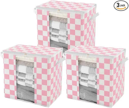 Pink Checkered Clothes Storage Bins, 100L Large Blanket Storage Bags 3 Pack by Ohocut