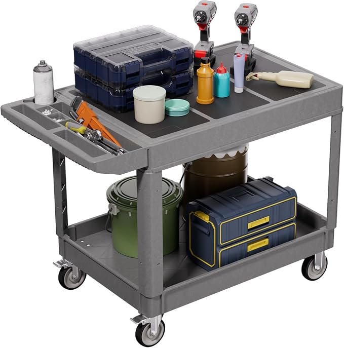 2 Tier Plastic Rolling Utility Cart on Wheels, Heavy Duty Tool Cart by Bettertoolsforbetterlife