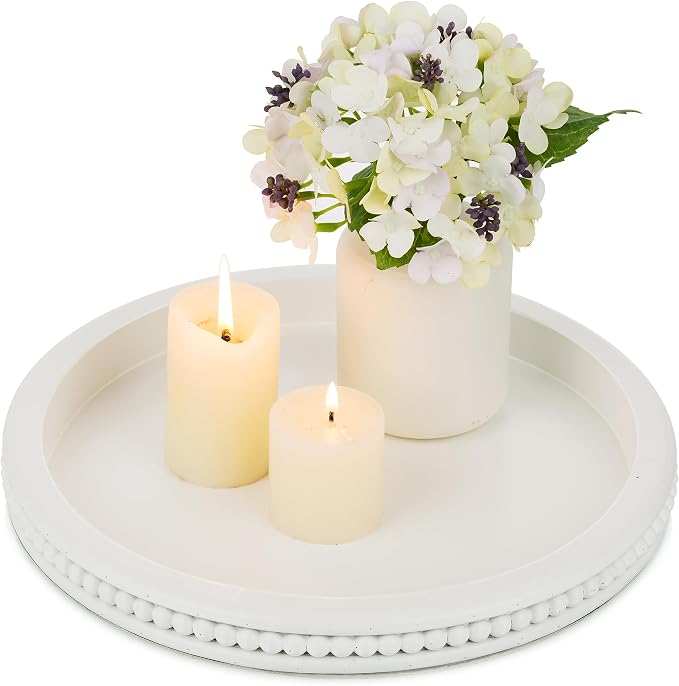 Hanobe Decorative Coffee Table Tray: White Beaded Round Serving Tray Modern by Hanobe