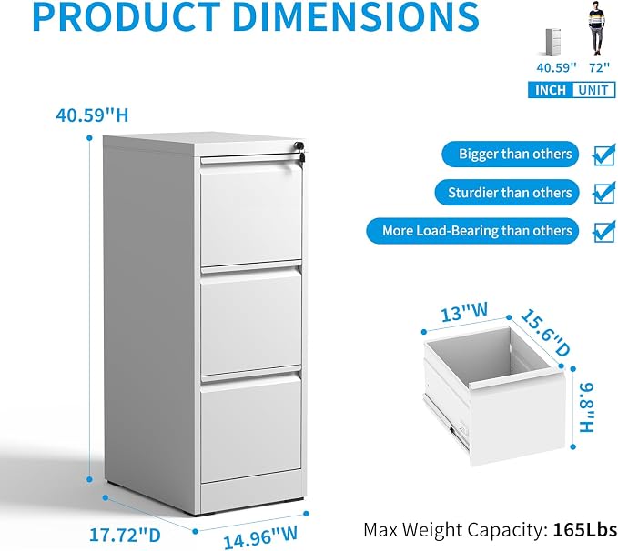 3 Drawer File Cabinet, Metal Vertical Filing Cabinet - Image 3