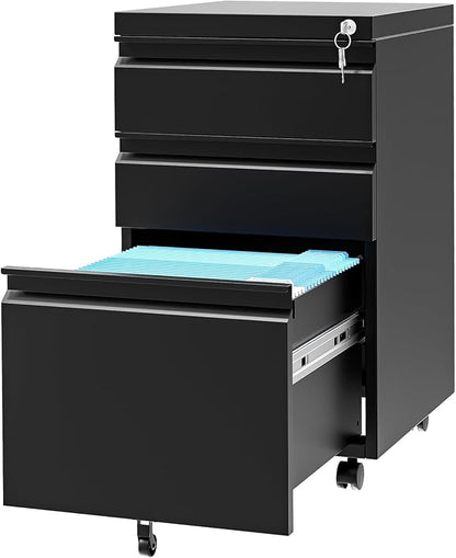 3 Drawer File Cabinet with Lock, Under Desk Metal Mobile Filing Cabinet with by Unknown
