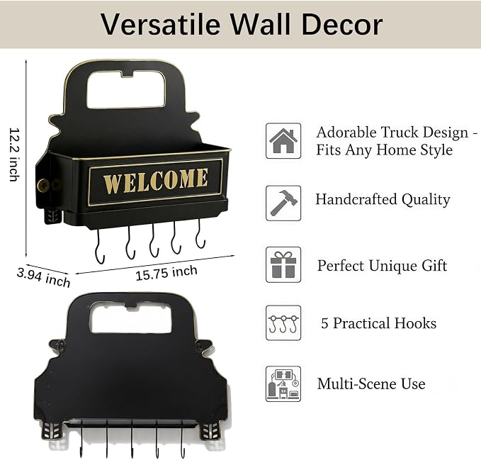 Truck Farmhouse Key Rack & Rustic Metal Wall Planter, Wall Mounted Flower Pot - Image 3
