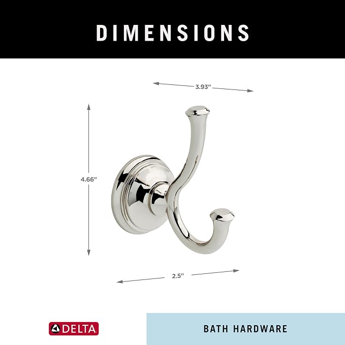DELTA Cassidy Towel Hooks Polished Nickel Double Bathroom J Hooks Wall Mounted - Image 4