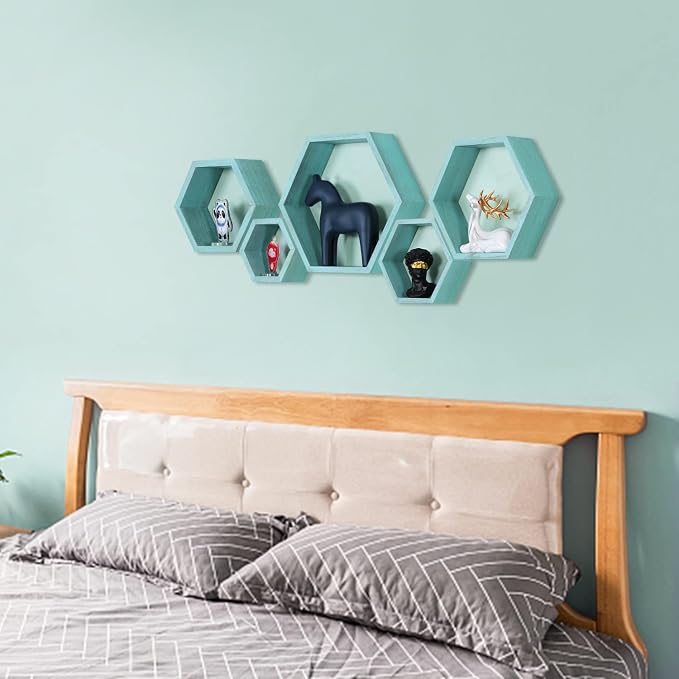 Hexagon Shelves, Floating Wall Shelf, Honeycomb Octagon Cube Shelves Wood | - Image 5