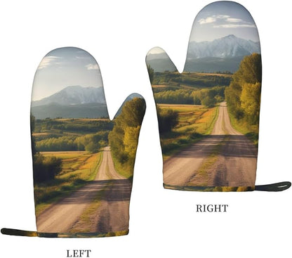 Countryside Road Print Oven Mitts Set of 2, Heat Resistant Silicone Oven - Image 2
