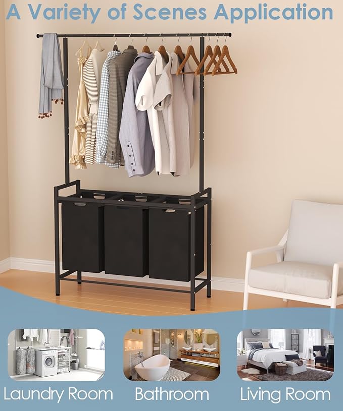 Large Laundry Hamper with Clothes Rack Hanging Bar, 10 x 3 Gal Pull-Out & - Image 7