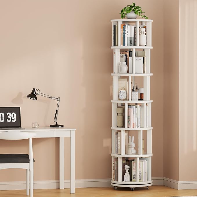Solid Wood Rotating Bookshelf on Wheels, 6 Tier, Round Revolving Bookcase - Image 9