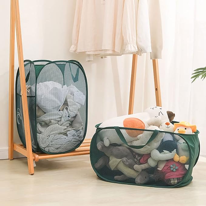 4Pcs Beige Canvas Laundry Hamper, Foldable Pop-up Mesh Basket, Large Capacity - Image 5