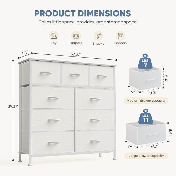 DUMOS 9 Drawer Dresser for Bedroom, Storage Organizer Chest of Drawers | Fabric - Image 3