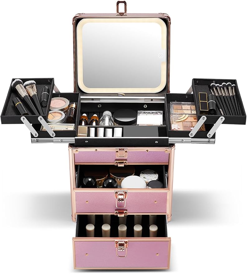 Qislee Makeup Box with Double Drawers and Four Trays, Detachable Lighted Mirror by Qislee