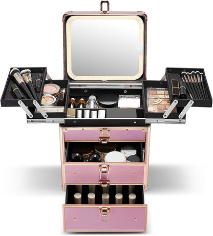 Qislee Makeup Box with Double Drawers and Four Trays, Detachable Lighted Mirror by Qislee