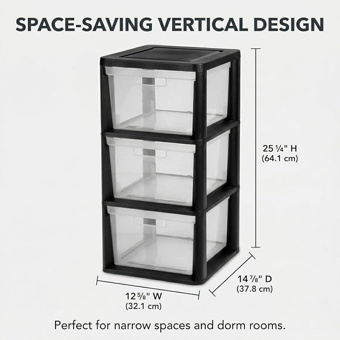 3 Drawer Plastic Storage Tower Organizer, Wide Black Cart - Image 2