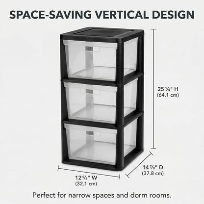 3 Drawer Plastic Storage Tower Organizer, Wide Black Cart - Image 2