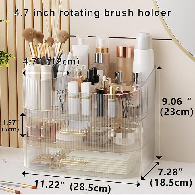 Makeup Organizer with Stackable Drawer, 360 Rotating Makeup Brush Holder - Image 2