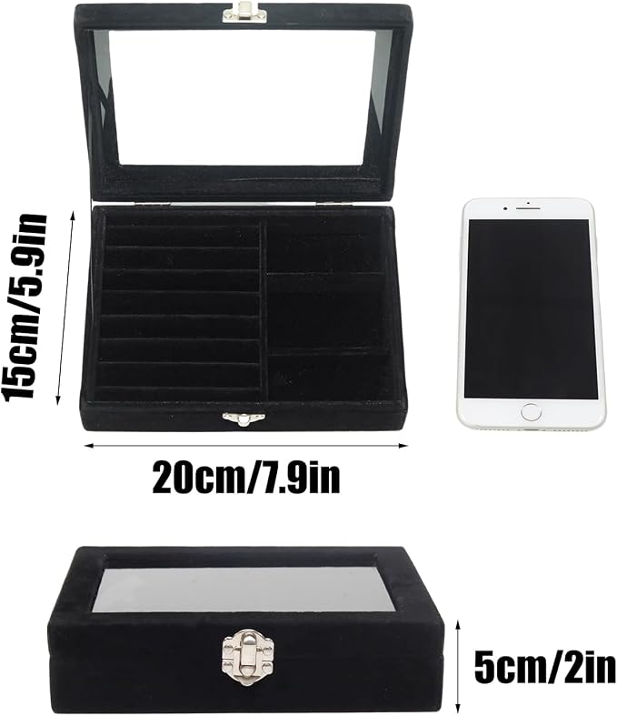 Small Velvet Jewelry Tray with Clear Lid, 2-in-1 Black | Lockable Ring Earring - Image 2
