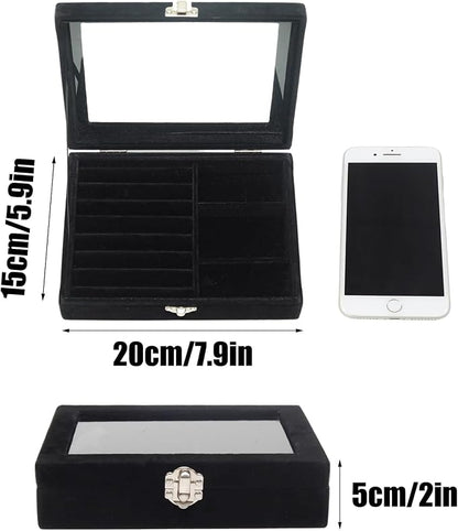 Small Velvet Jewelry Tray with Clear Lid, 2-in-1 Black | Lockable Ring Earring - Image 2