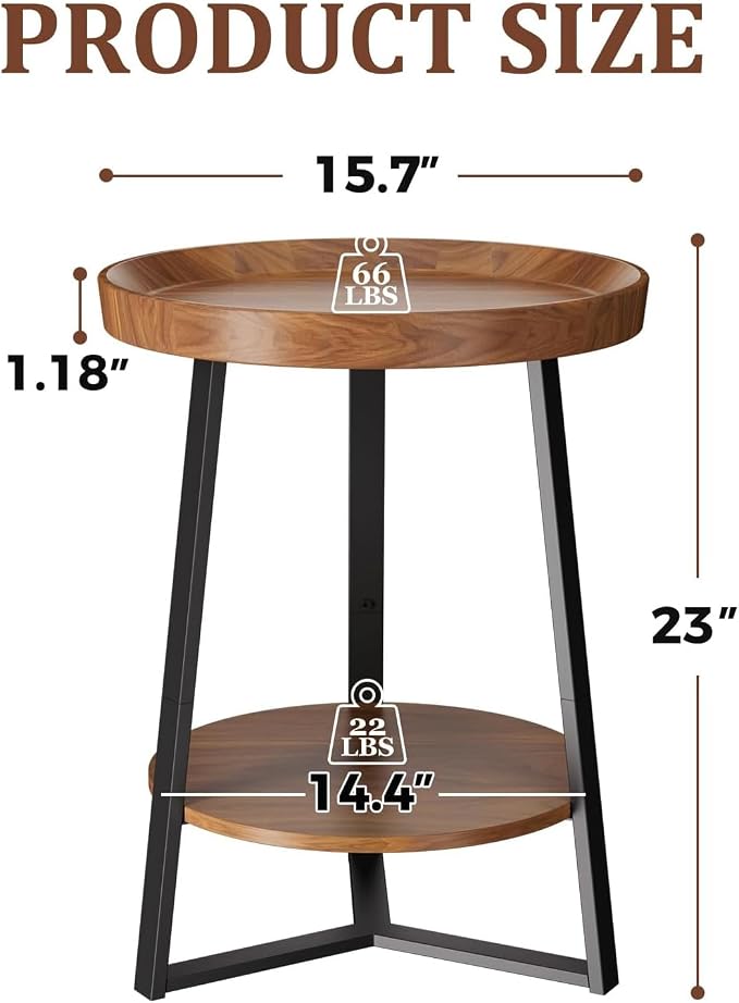 Gadroad Round End Table with Storage Shelf, 2 Tier Farmhouse Side Table - Image 3