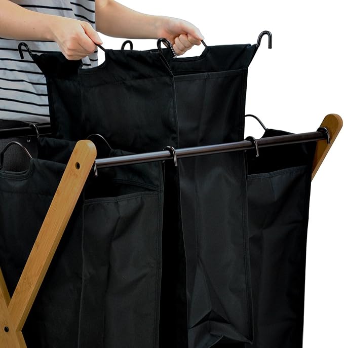 Oceanstar XBS1484 Bamboo 3-Bag Laundry Sorter Black, 29.75 in. H x 19.10 in. W - Image 5