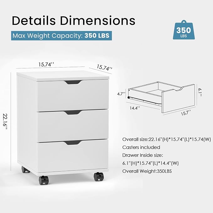 Farini Mobile File Cabinet for Home Office, 3 Drawer Chest Wood, Drawers Unit - Image 3