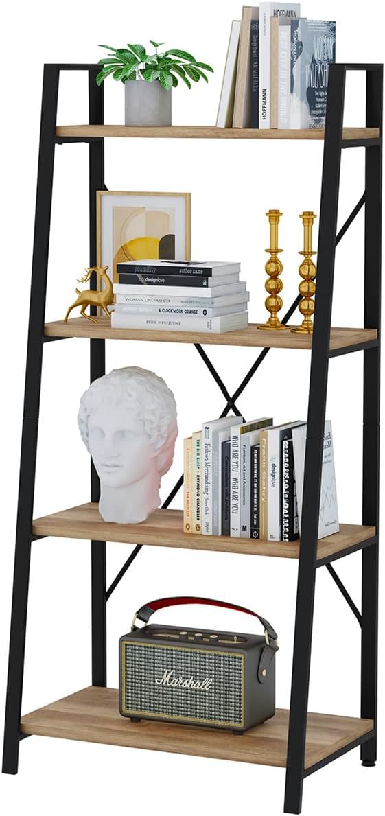 BON AUGURE Farmhouse Ladder Shelf Bookcase, 4 Tier Rustic Ladder Bookshelf by BONAUGURE