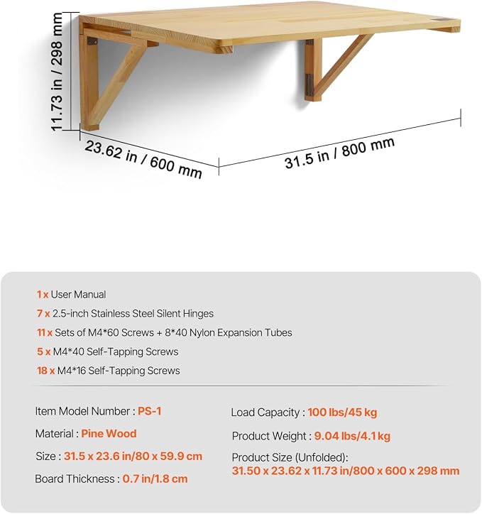 VEVOR Wall-Mounted Folding Table, 31.5 x 23.62 inch, Wooden Drop Leaf Floating - Image 3