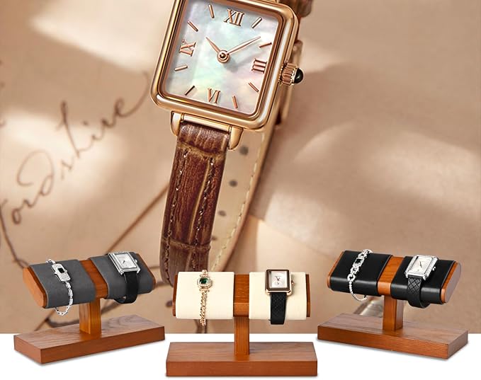 Oirlv Solid Wood Double Watch Display Stand Watch Bracelet Organizer（Black） - Image 3