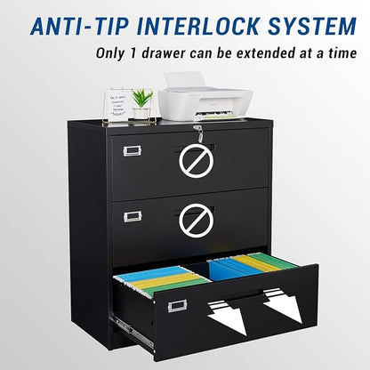 Lateral File Cabinet with Lock, 3 Drawer Large Metal Filing Cabinet, Home - Image 4