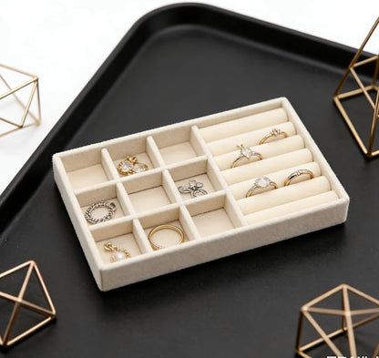 Velvet Jewelry Organizer Trays Beige 9 Grids and Rolls | Stackable Jewelry - Image 5