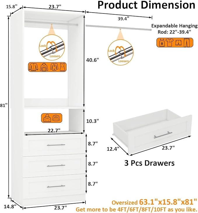 Closet System with Drawers, 2FT Closet Organize System with 3 Drawers & 2 - Image 5
