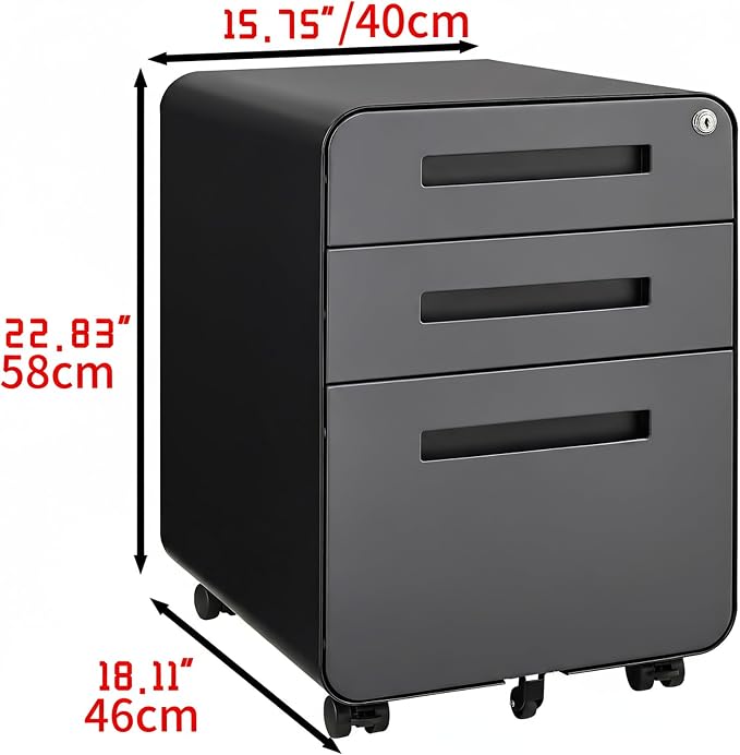 Modern 3-Drawer Mobile File Cabinet, Dark Grey Metal Filing Cabinet - Image 2
