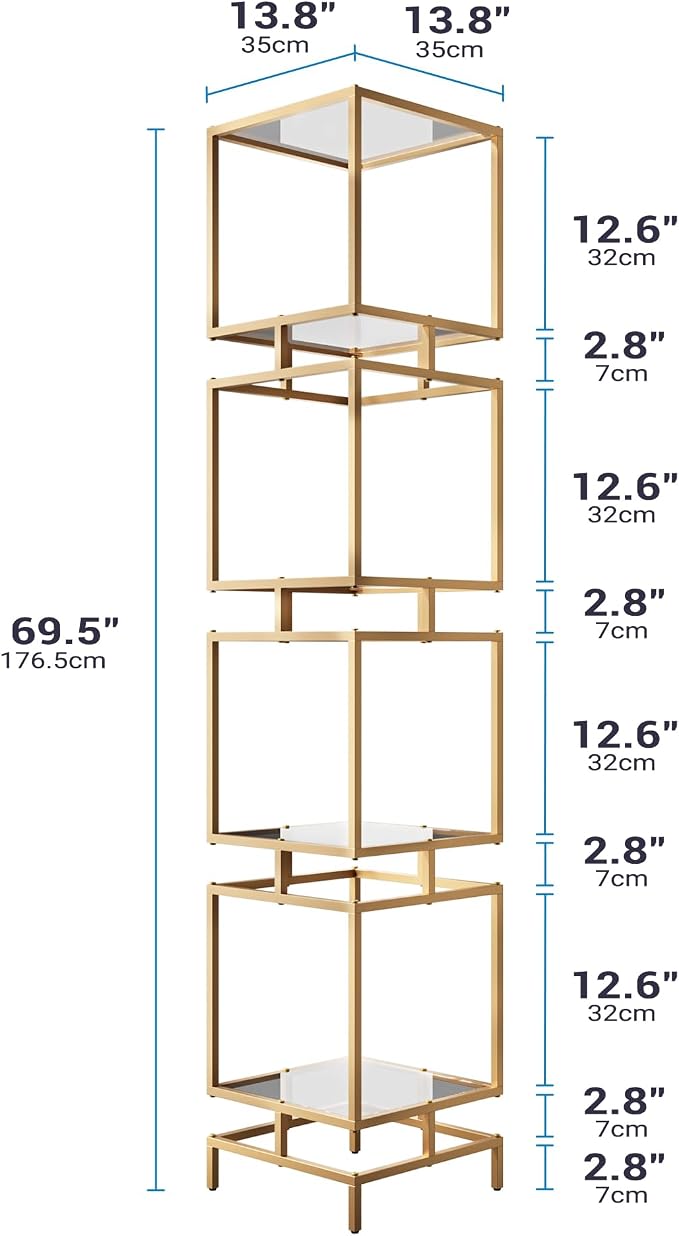 4 Cube Glass Shelf, 4-Tier Bookshelf, Display Shelf Rack, Metal Storage Rack - Image 2