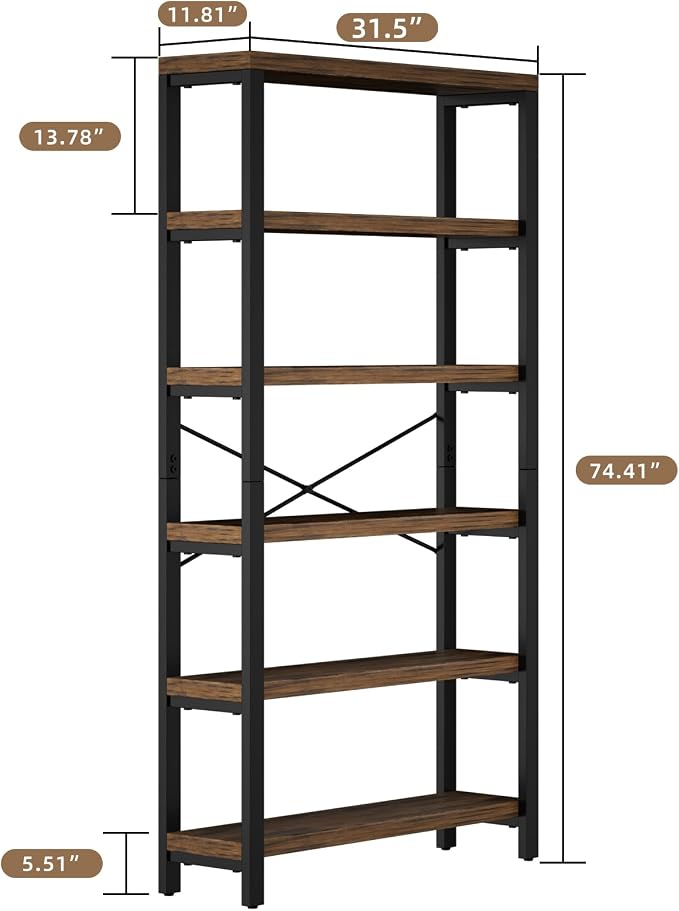 6-Tier Adjustable Heavy Duty Bookshelf, Industrial Wood and Metal Bookshelf - Image 2