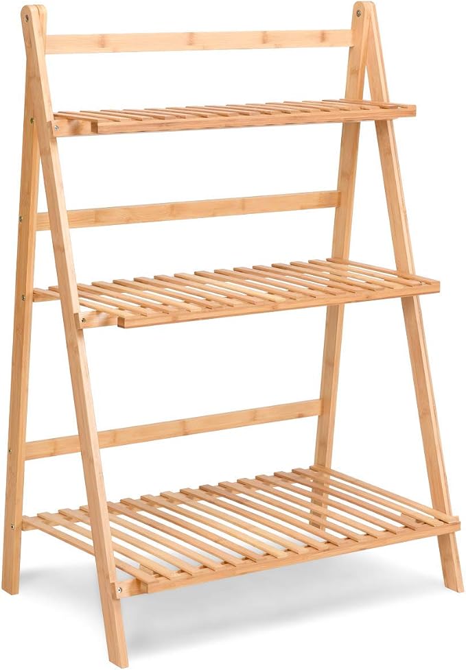 3-Tier Bamboo Plant Flower Stand Rack Shelf, Foldable Planter Racks, Pot - Image 7