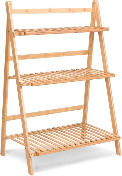 3-Tier Bamboo Plant Flower Stand Rack Shelf, Foldable Planter Racks, Pot - Image 7