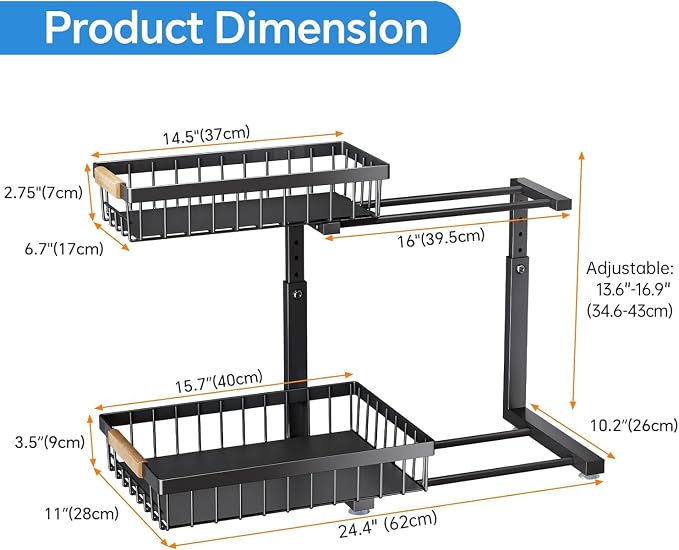 PXRACK Under Sink Organizer, Adjustable Height, 2 Tier Pull Out Under Cabinet - Image 7