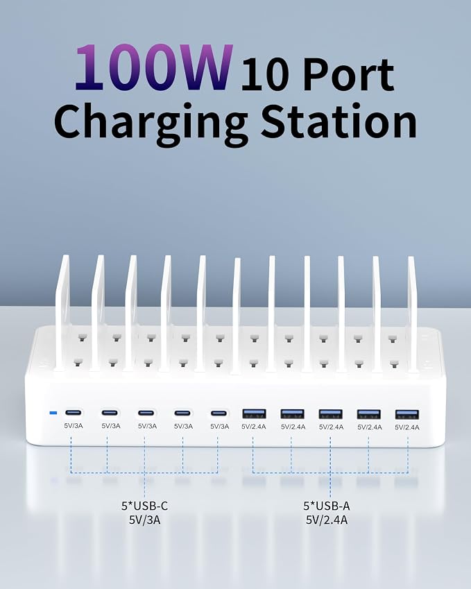 100W Charging Station for Multiple Devices, 10-Port USB Fast Charging Station - Image 2