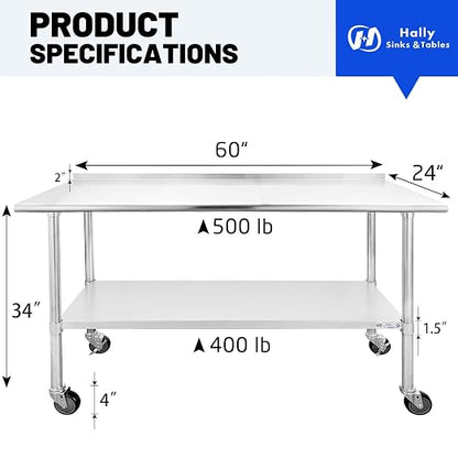 Hally Stainless Steel Table for Prep & Work 24 x 60 Inches - Image 2