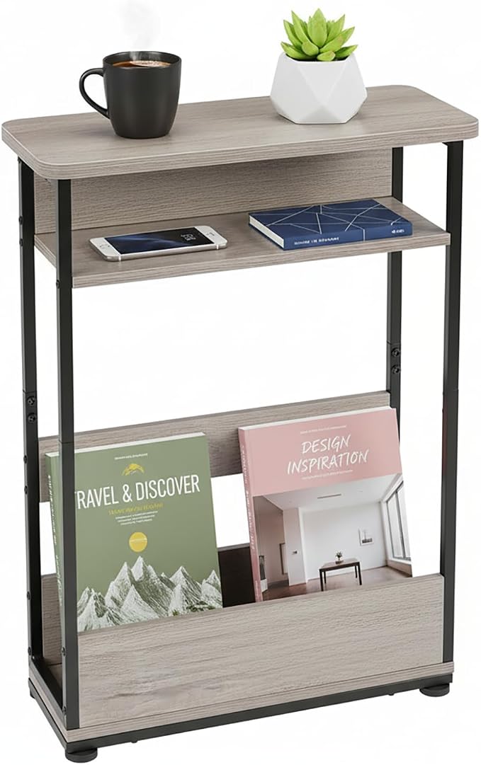 Vintage Narrow Side Table with Storage Shelf, 3 Tier Slim End Table Modern Sofa by YEAKOO
