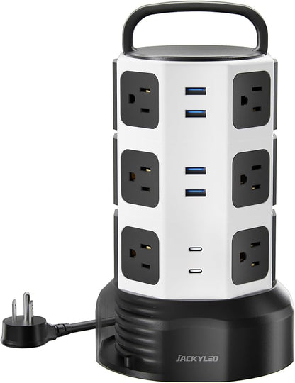 Power Strip Tower Surge Protector, JACKYLED 12 Outlets 6 USB Charging Station by JACKYLED