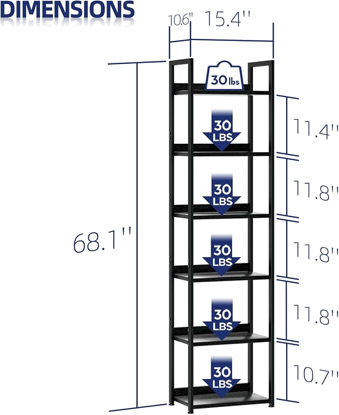 NUMENN Narrow Bookshelf, 6 Tier Freestanding Shelving Unit, Falling Prevention - Image 3