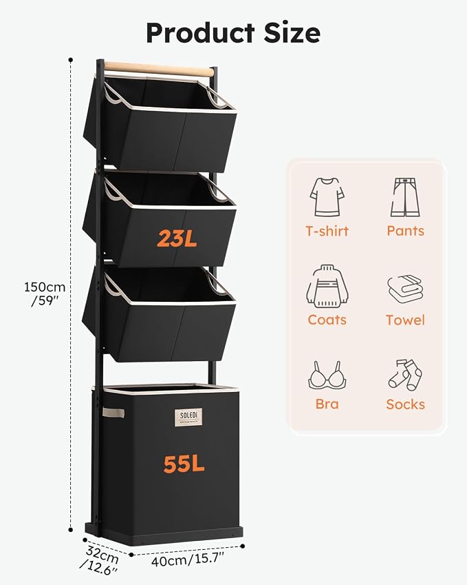 SOLEDI 4 Section Laundry Hamper Sorter, Stackable Laundry Basket Organizer - Image 7