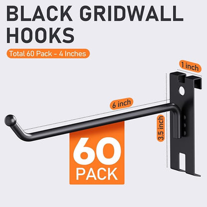 INCLY 6 Inch Gridwall Hooks, 60 Pack Heavy Duty Black Display Hooks - Image 2