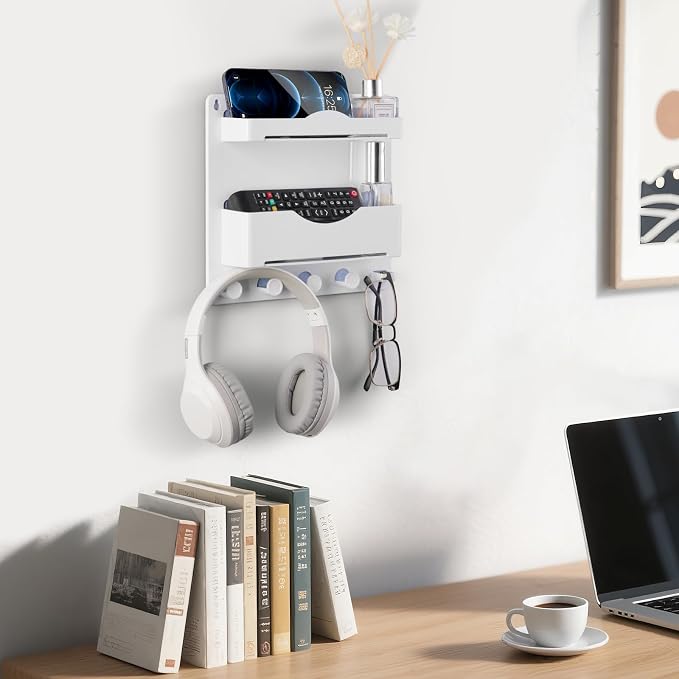 Bedside Wall Shelf with Glasses Hooks, Adhesive Bedside Organizer Wall Mount - Image 8