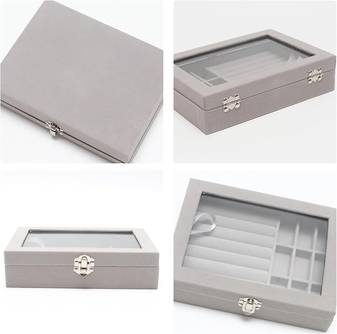 Small Velvet Jewelry Tray with Clear Lid, 2-in-1 Gray | Lockable Ring Earring - Image 4