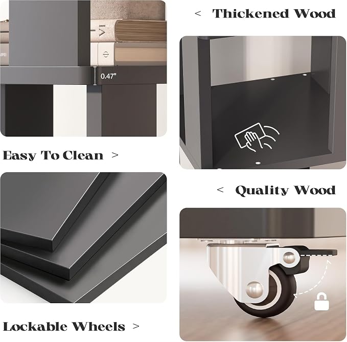 6 Tier Solid Wood Rotating Bookshelf Tower on Wheels, 360° Upgrade Spinning - Image 7