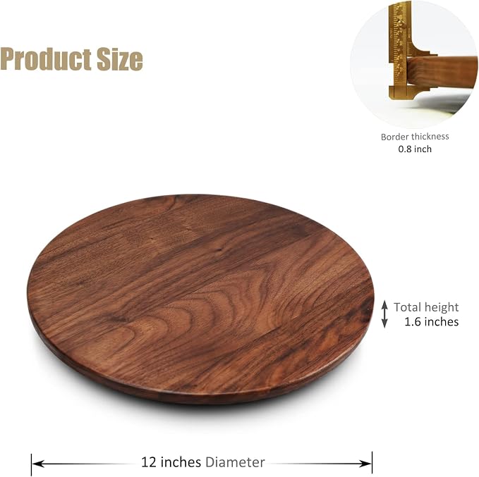 12 Inches Black Walnut Wood Lazy Susan, Solid Wooden Round Kitchen Turntable - Image 5